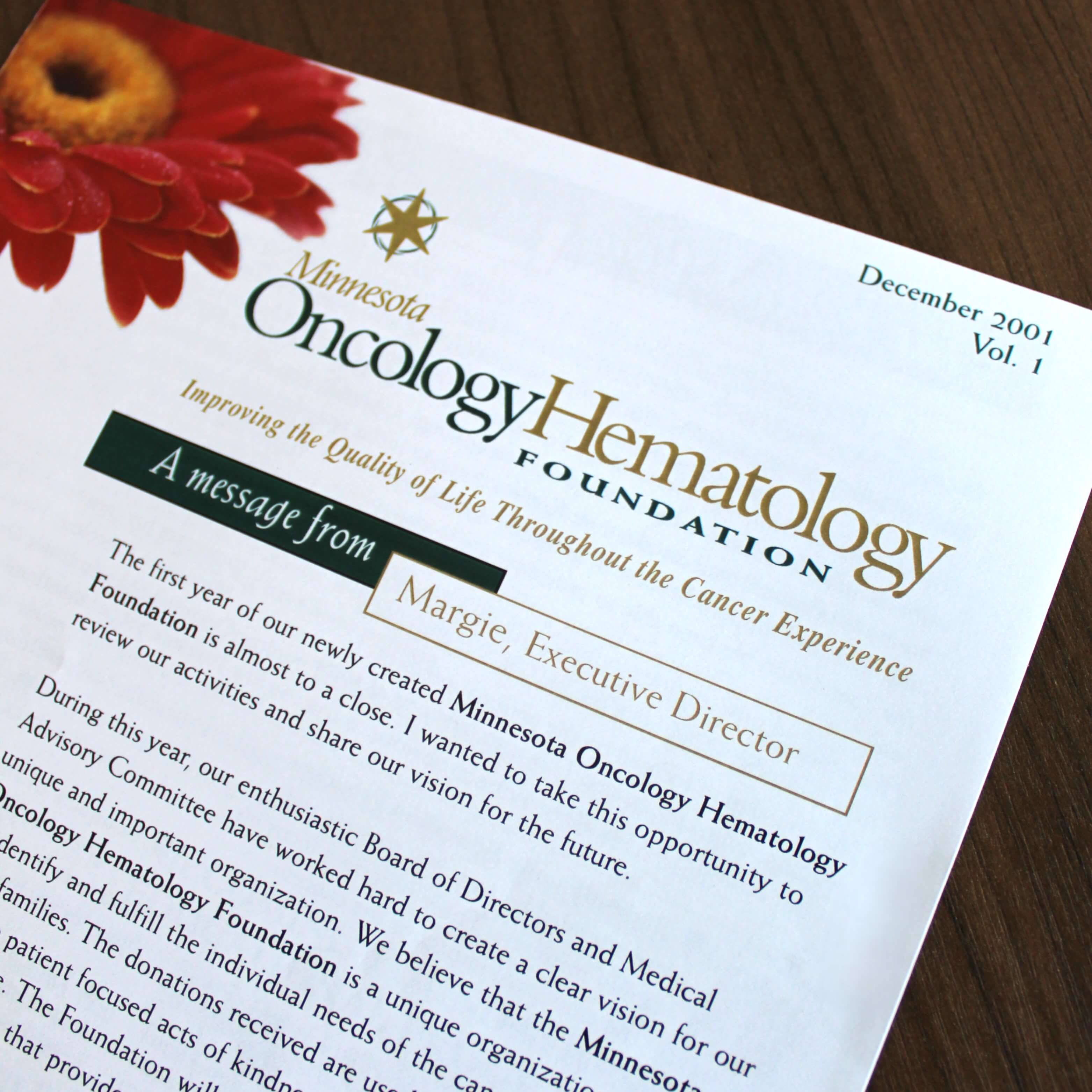 An image of Angel Foundation's™ first printed newsletter in 2001.