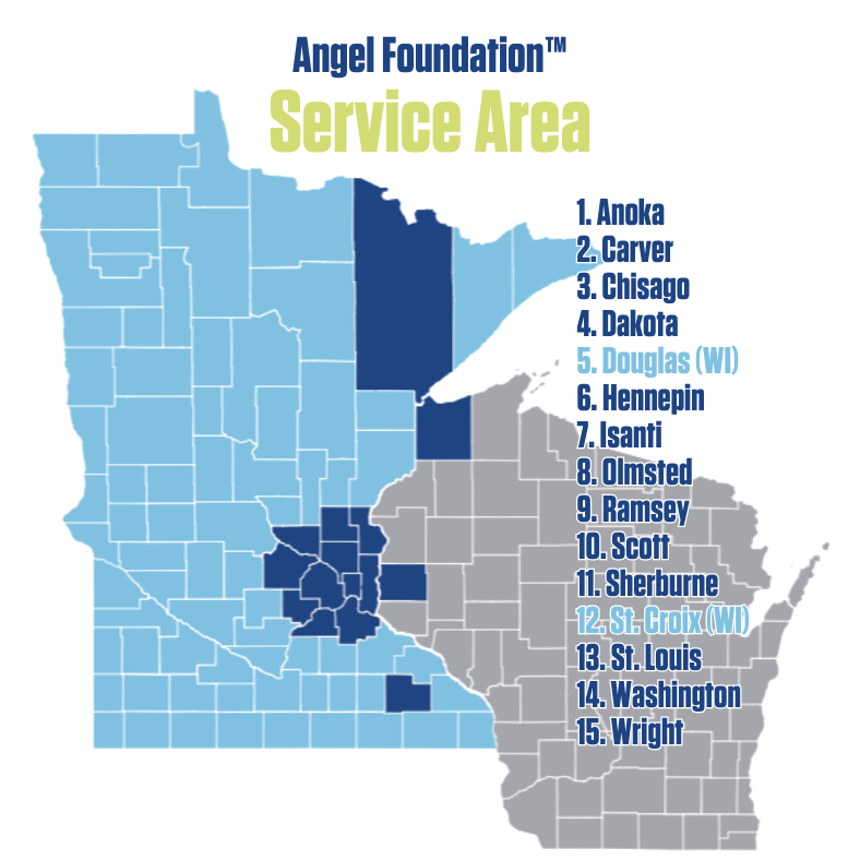 Locations on a map of Minnesota by county, outlining where the Angel Foundation™ can provide support